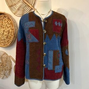 Vintage Blue Patchwork Southwestern Knit Boho Cardigan Sweater Western Cowgirl M